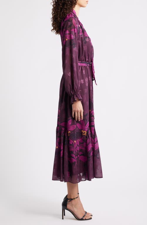 Ciebon Natalie Metallic Mixed Print Long Sleeve Dress In Burgundy