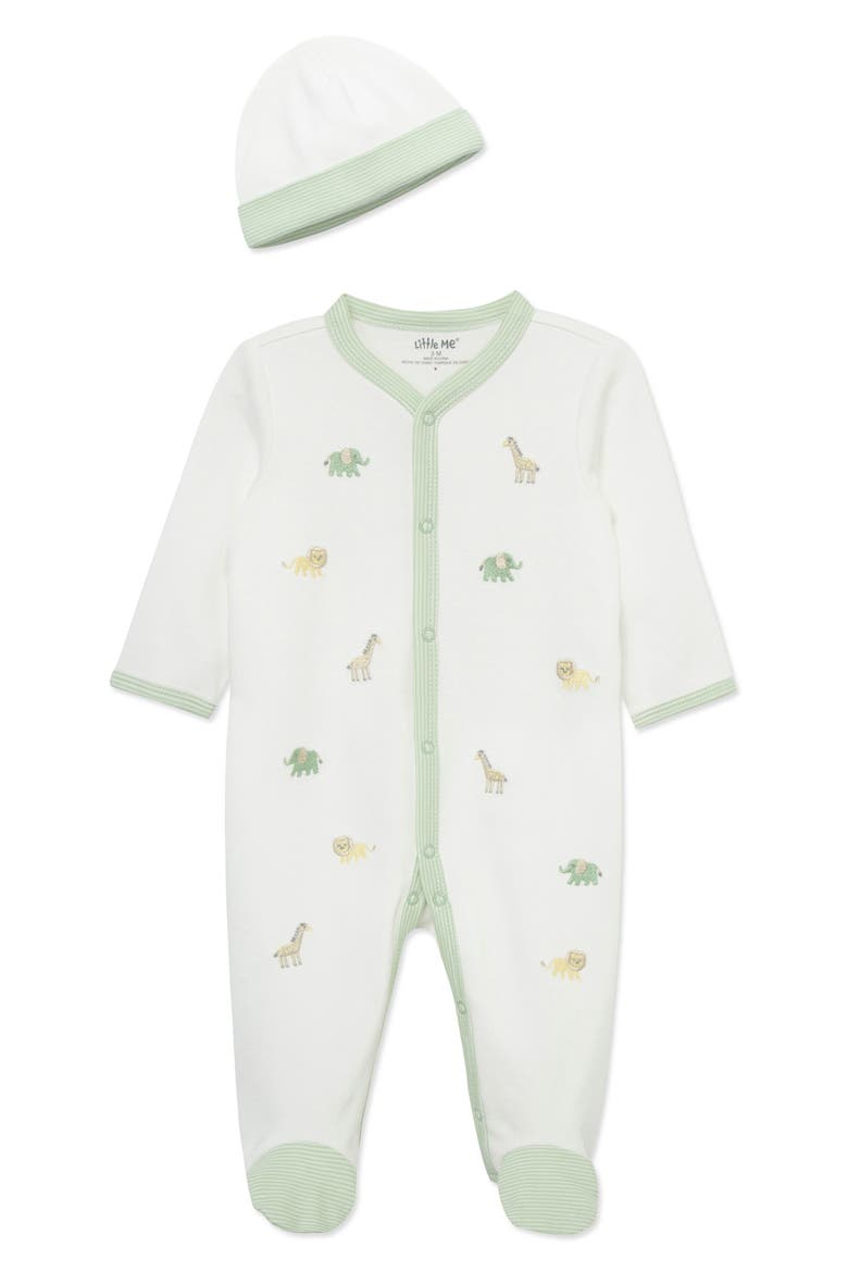 Jungle Embroidered Cotton Footie & Hat Set (Nordstrom Exclusive), Alternate, color, WHITE
