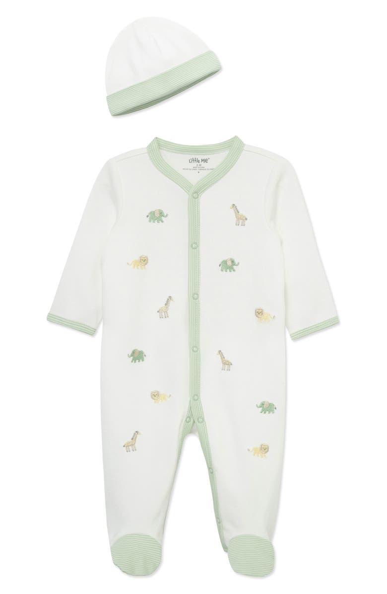 Little Me Jungle Embroidered Cotton Footie & Hat Set, Alternate, color, White