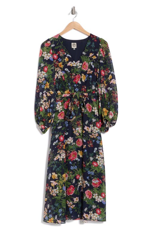 Anne Klein Floral Print Long Sleeve Chiffon Midi Dress In Distant Mountain Multi