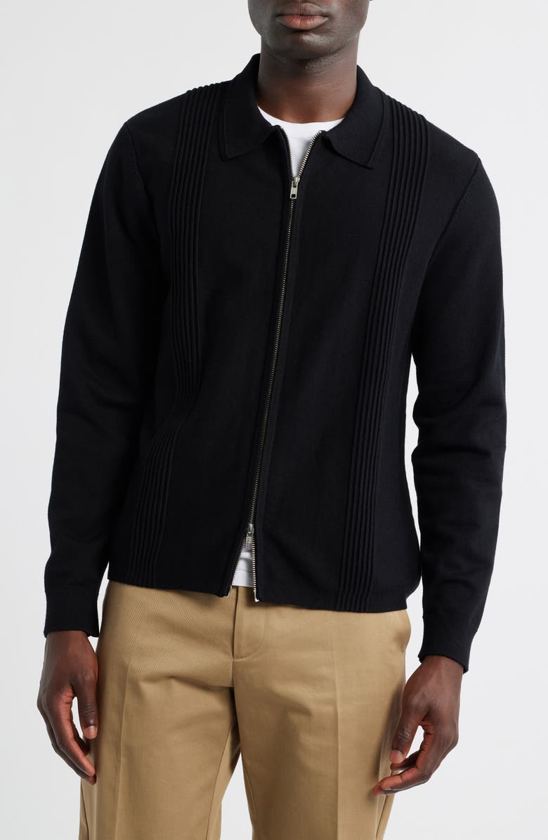 Wax London Lennox Ribbed Knit Cotton & Cashmere Zip-Up Shirt, Alternate, color, Black