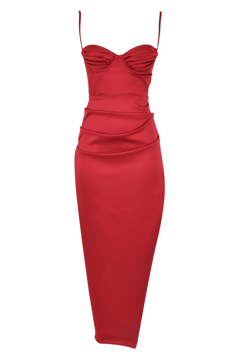 Flora Pleated Satin Midi Dress, Alternate, color, WINE