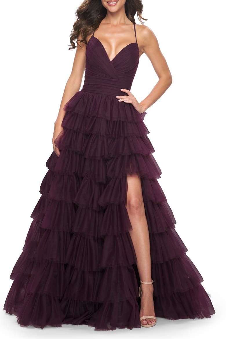 A-Line Ruffle Tulle Gown with High Slit and Lace Up Back, Alternate, color, Dark Berry