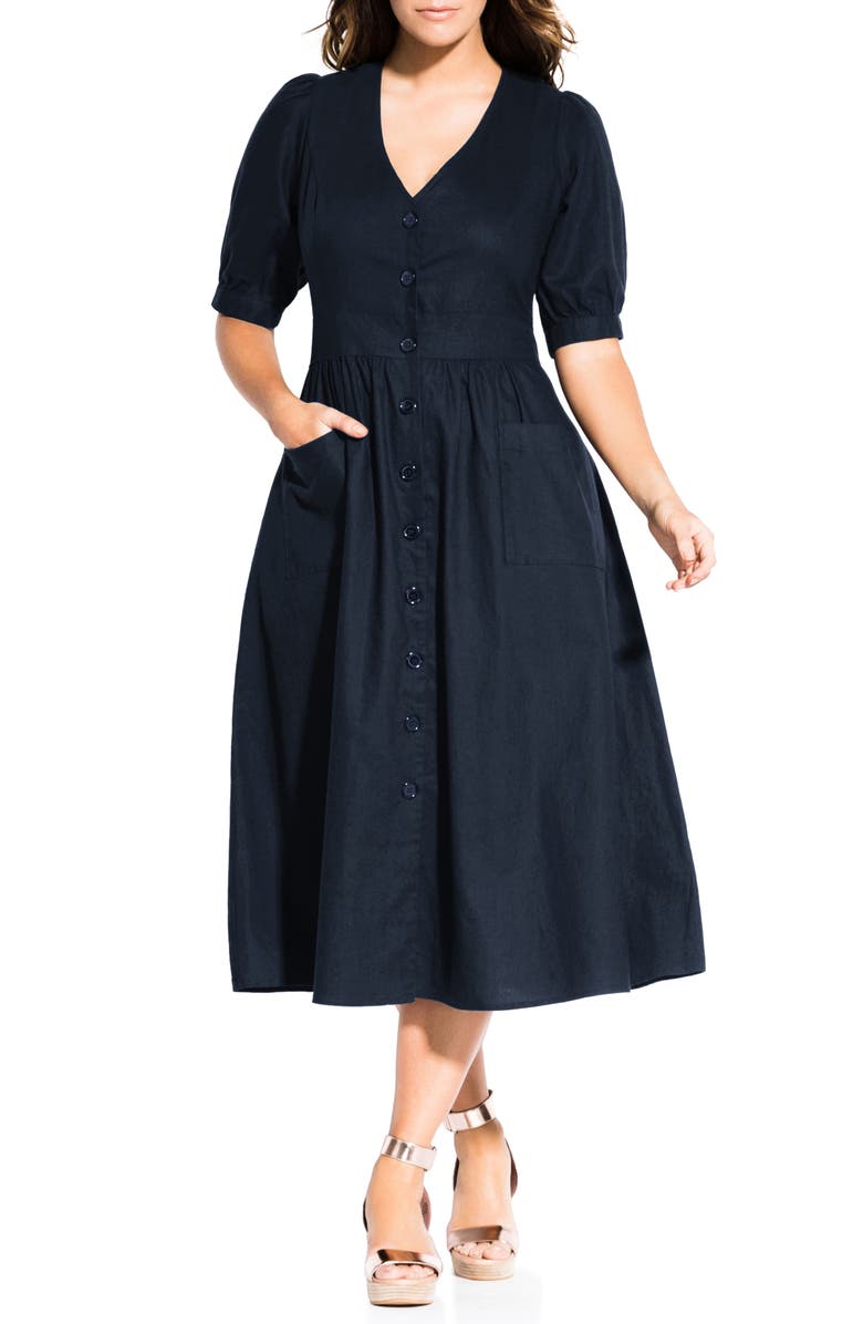 City Chic Luca Button-Up Linen & Cotton Dress, Main, color,