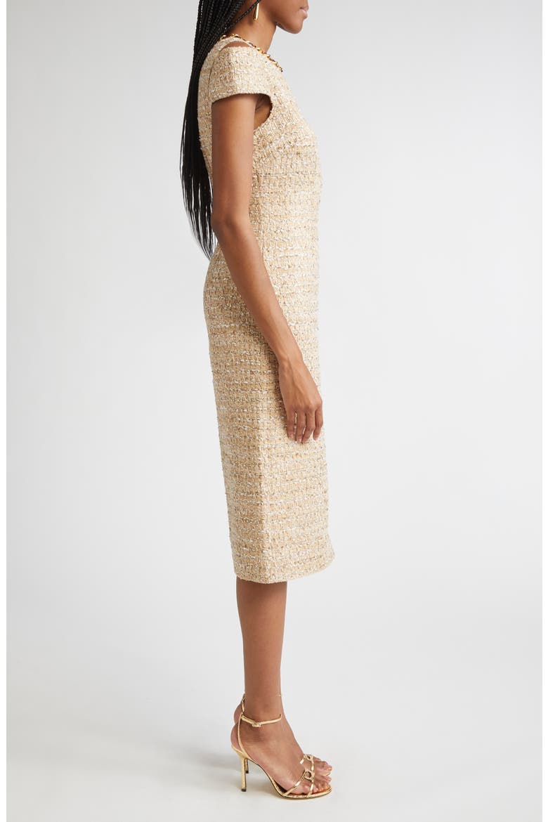 Phoebe Chain Embellished Tweed Sheath Dress, Alternate, color, FLAX WILLOW/ IVORY MULTI