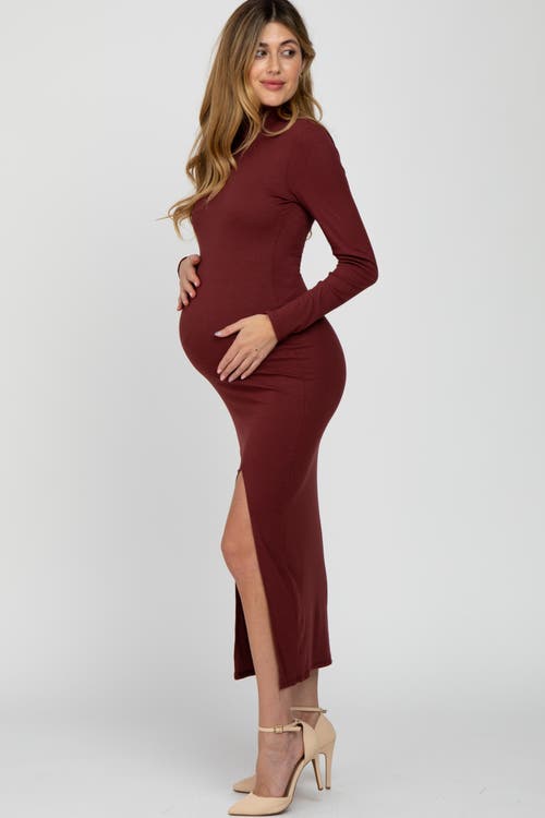 Pinkblush Ribbed Mock Neck Side Slit Maxi Dress In Brown