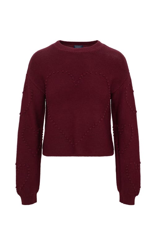 Noni Heart Pompom Long Sleeve Knit Sweater In Burgundy