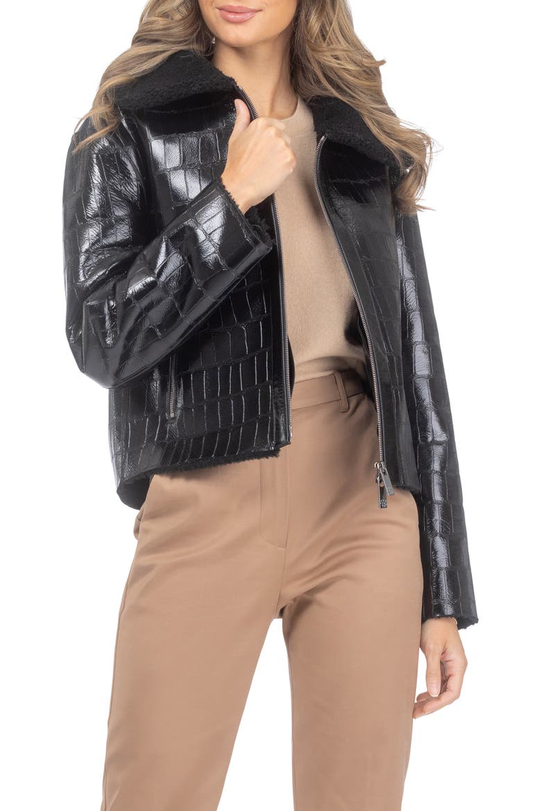 Genuine Shearling Croco Embossed Zip Jacket, Alternate, color, Black