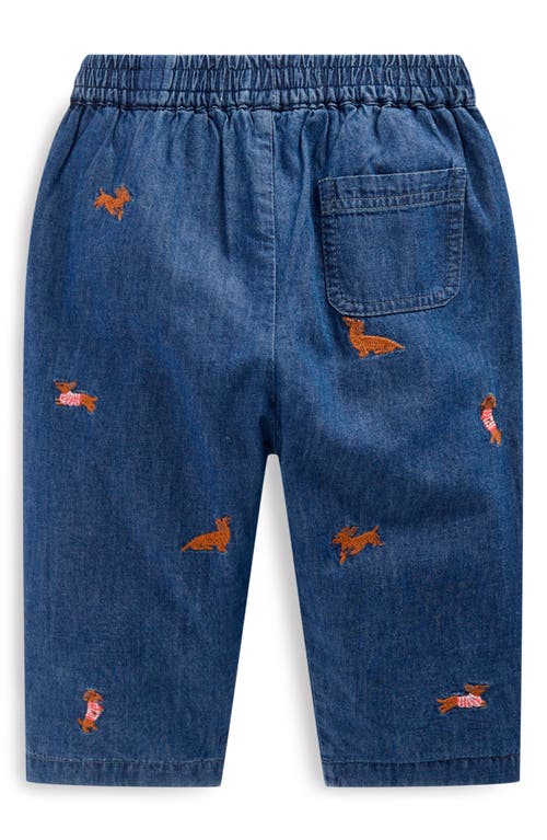 Mini Boden Embroidered Cotton Chambray Pull-on Pants In Blue