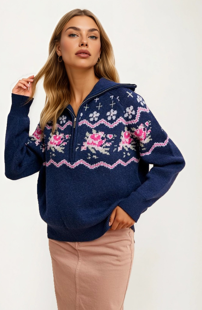Knit and Lounge Half-Zip Floral Fair Isle Sweater, Alternate, color, Navy / Pink / Off White