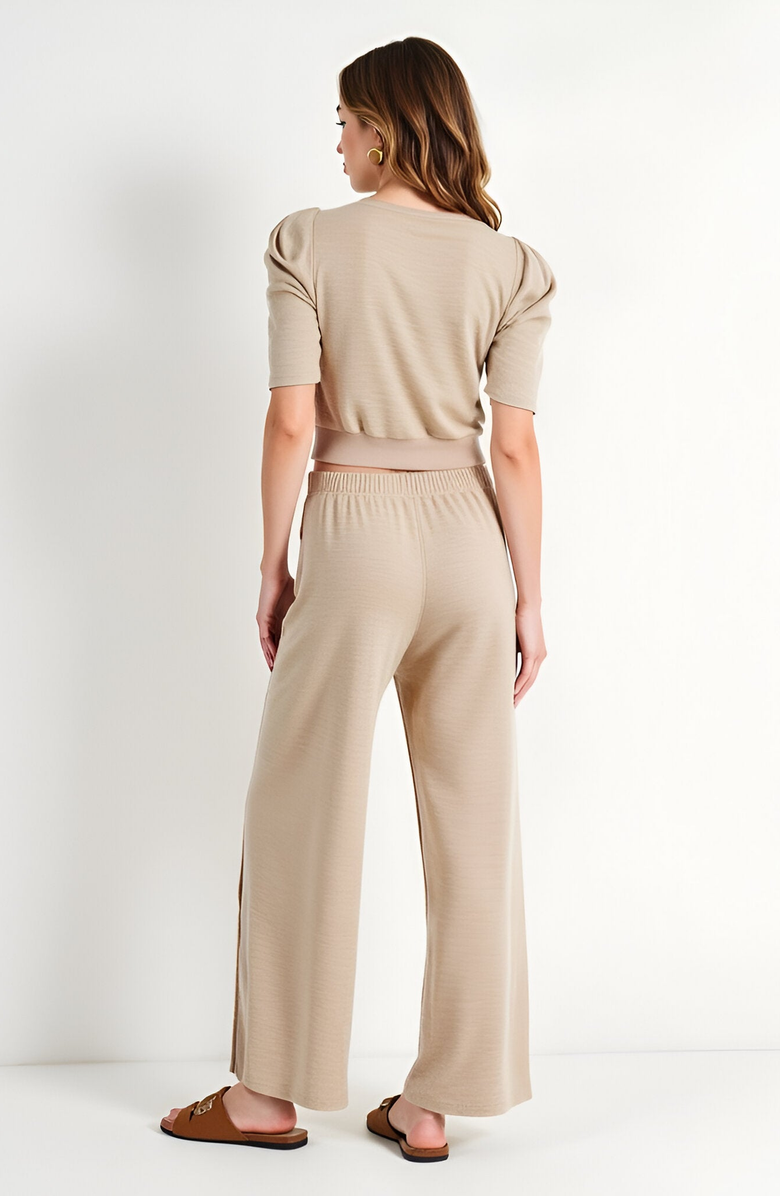 Modenaire Stretch Waistband Puff Sleeve Knit Top and Wide Leg Pants Set, Alternate, color, Beige