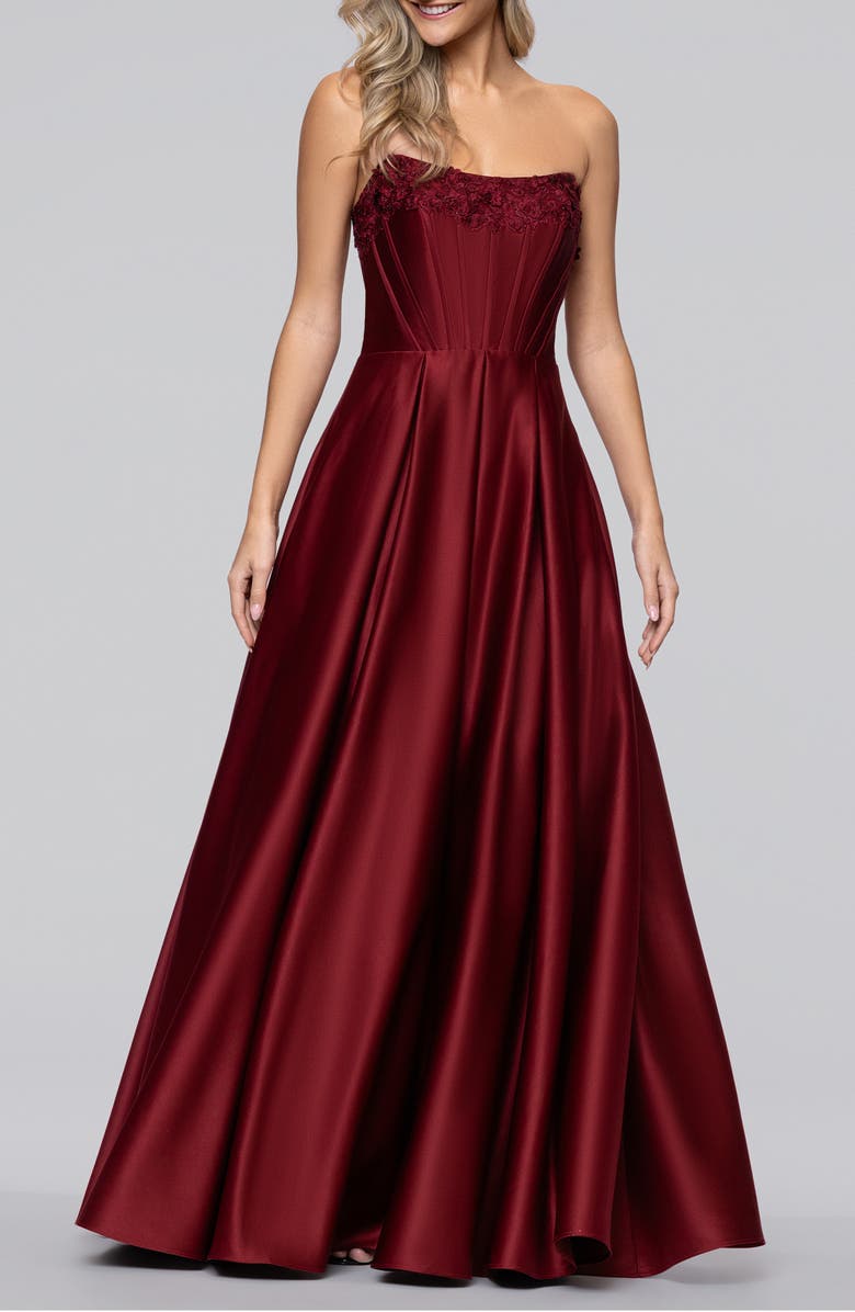 Blondie Nites Lam Corset Strapless Satin Gown, Main, color, Wine
