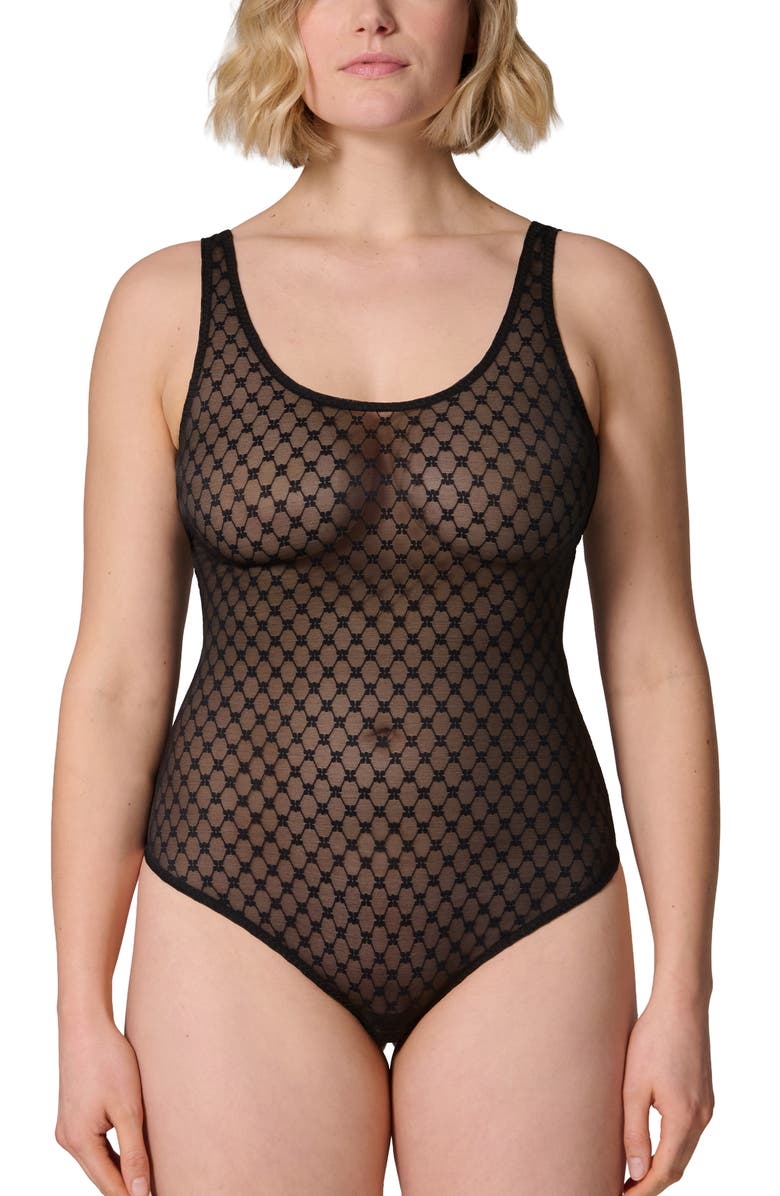 Simone Perele Plume Embroidered Bodysuit, Alternate, color, Black