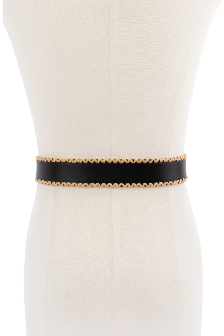 straw edge leather belt, Alternate, color, BLACK