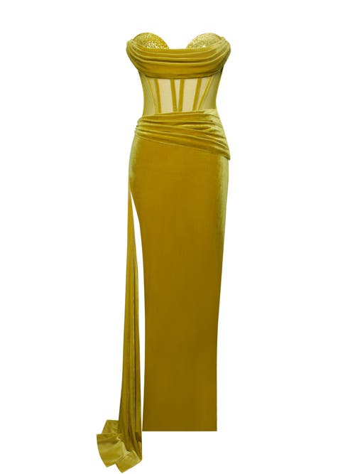 Miss Circle Women Octavia Gold Draping Crystal Corset High Slit Velvet Gown In Gold