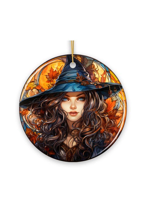 Enchanting Autumn Witch Round Ceramic Ornament