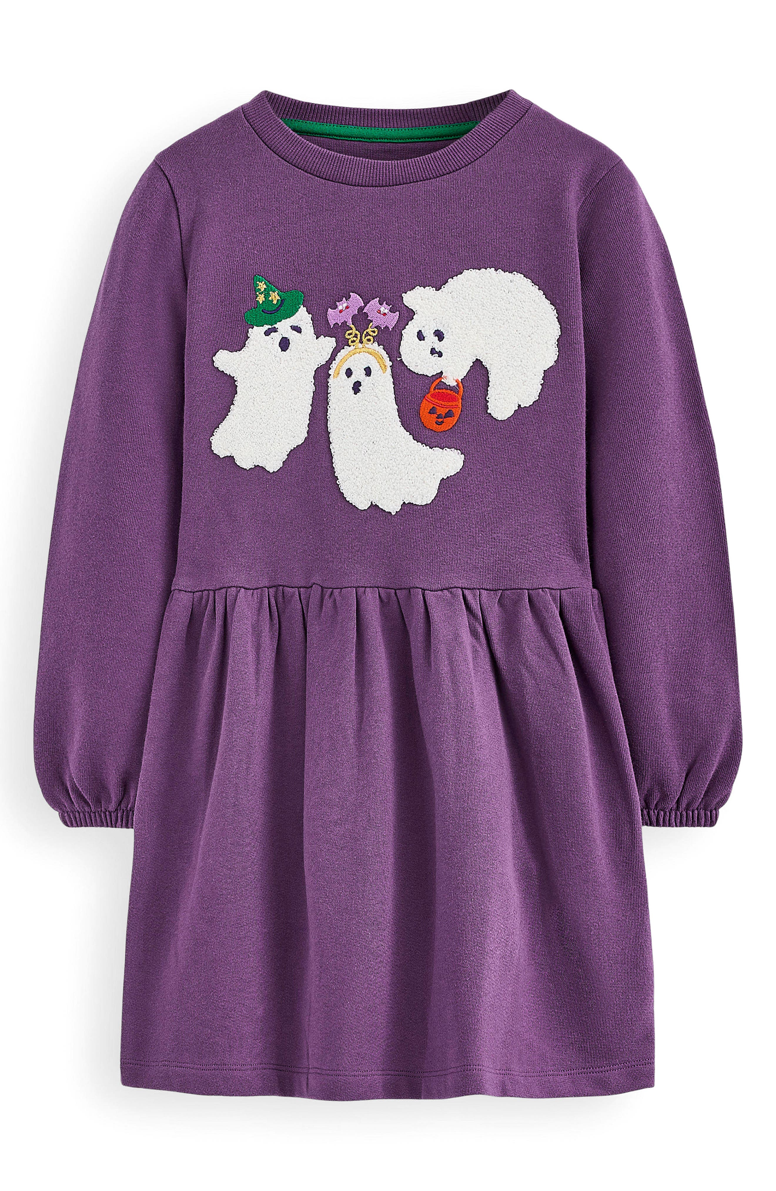 Mini Boden Kids' Halloween Appliqué Long Sleeve Cotton Sweatshirt Dress in Halloween Ghosts 