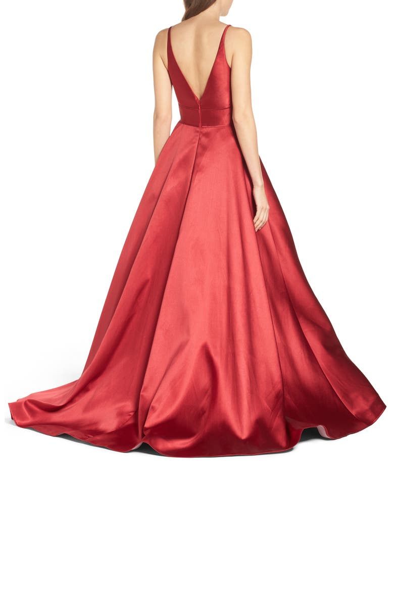 Plunge Neck Taffeta Ballgown, Alternate, color, WINE