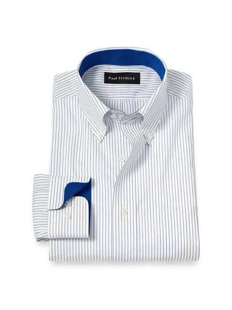 Cotton Buttondown Collar Broadcloth Slim Contrast Trim Button Cuff Long Sleeve