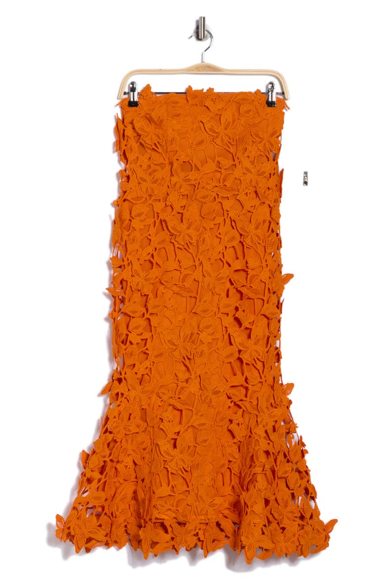 Fleurella Strapless Butterfly Lace Midi Dress, Alternate, color, TANGERINE