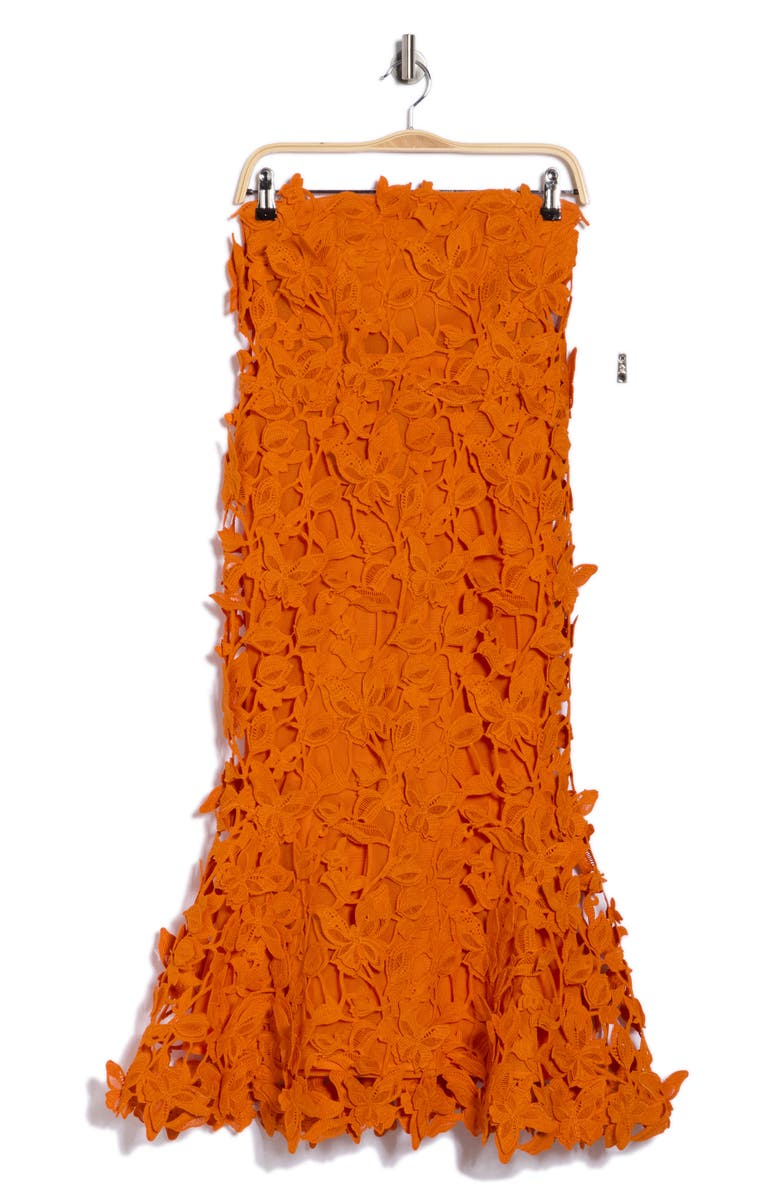 Simkhai Fleurella Strapless Butterfly Lace Midi Dress, Main, color, Tangerine