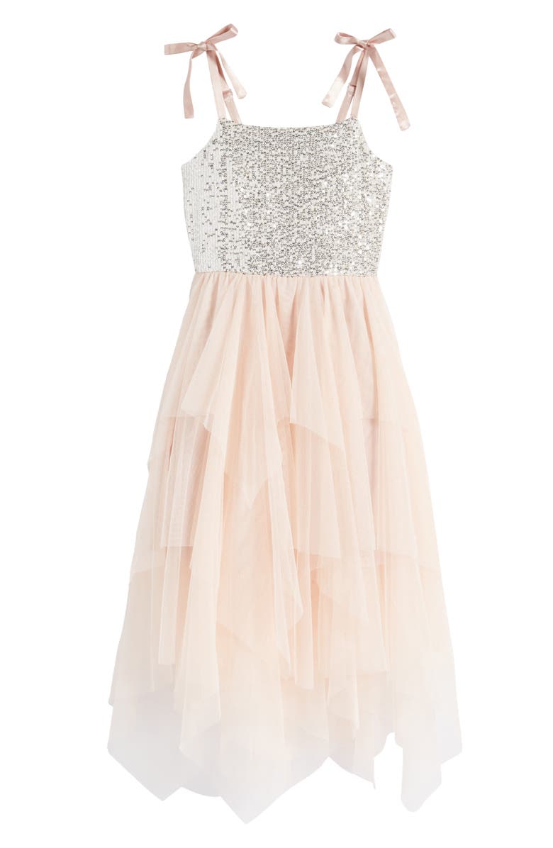 LOVE, NICKIE LEW Kids' Fairy Sequin Asymmetric Dress, Main, color, Silver/ Blush