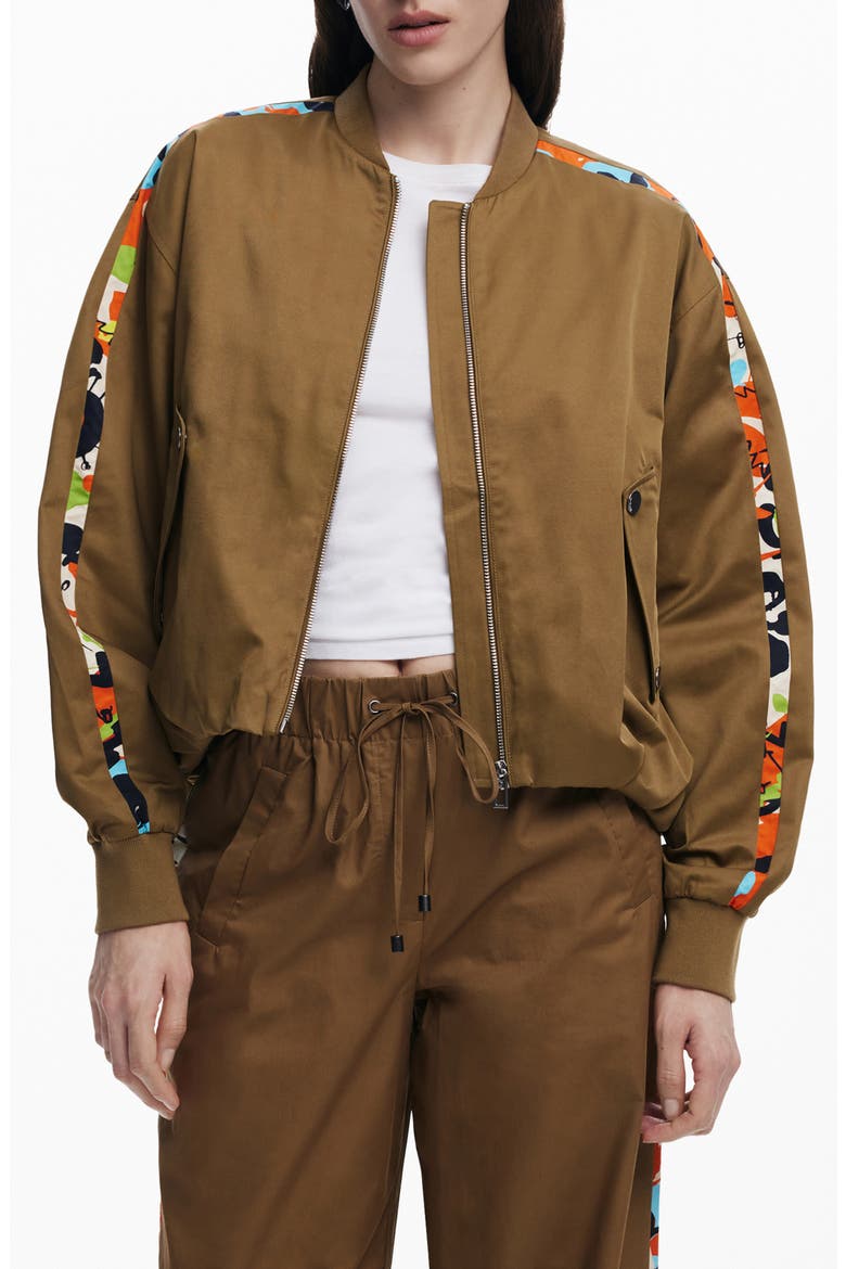 Contrast Sleeve Stripe Cotton Blend Bomber Jacket, Main, color, CAMEL
