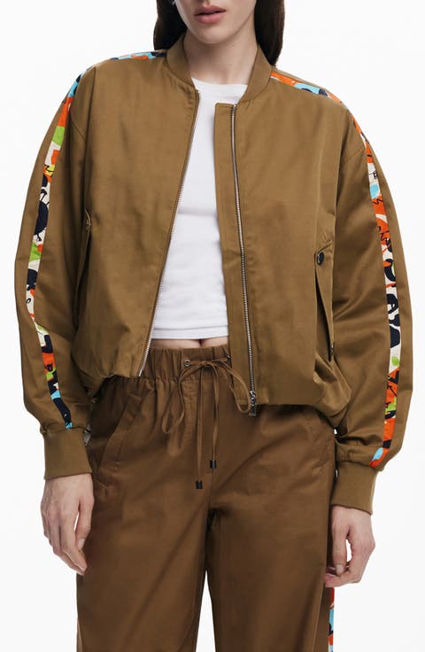 Contrast Sleeve Stripe Cotton Blend Bomber Jacket