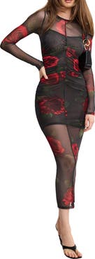 Good American Ruched Long Sleeve Mesh Maxi Dress