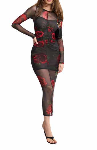 Good American Ruched Long Sleeve Mesh Maxi Dress