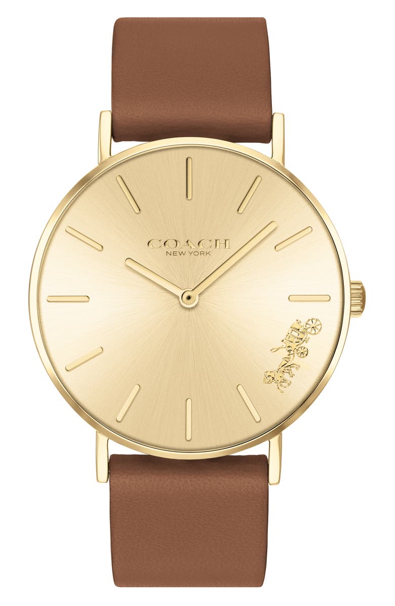 COACH Perry Leather Strap Watch, 36mm, Main, color, Light Gold