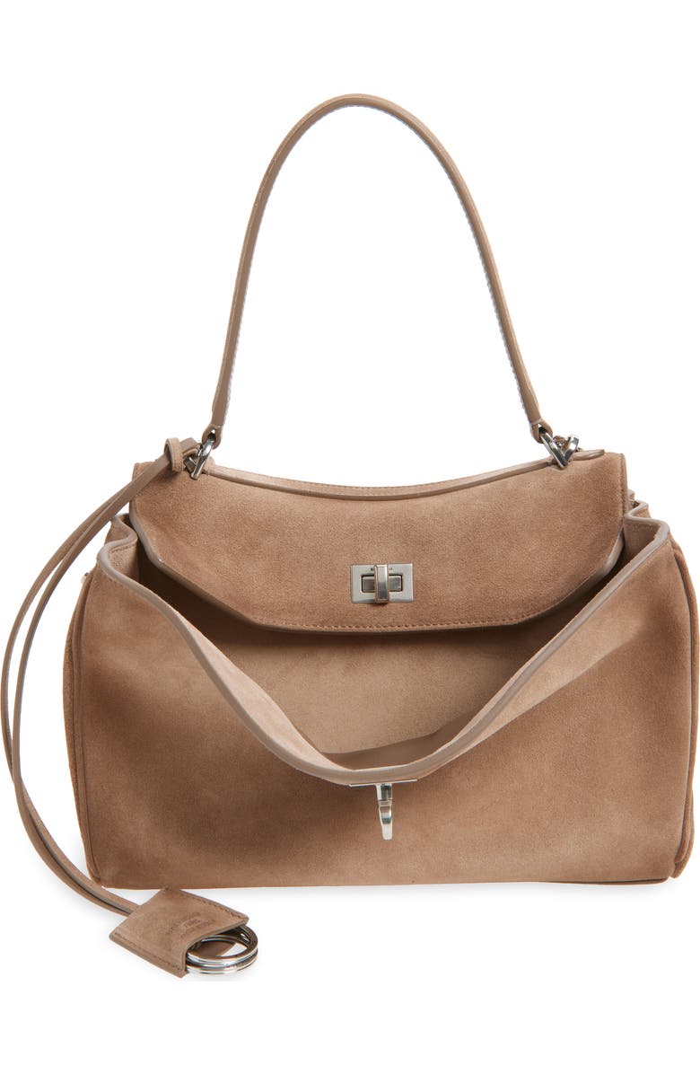 Balenciaga Rodeo Waxed Suede Top Handle Bag, Main, color, Sesame