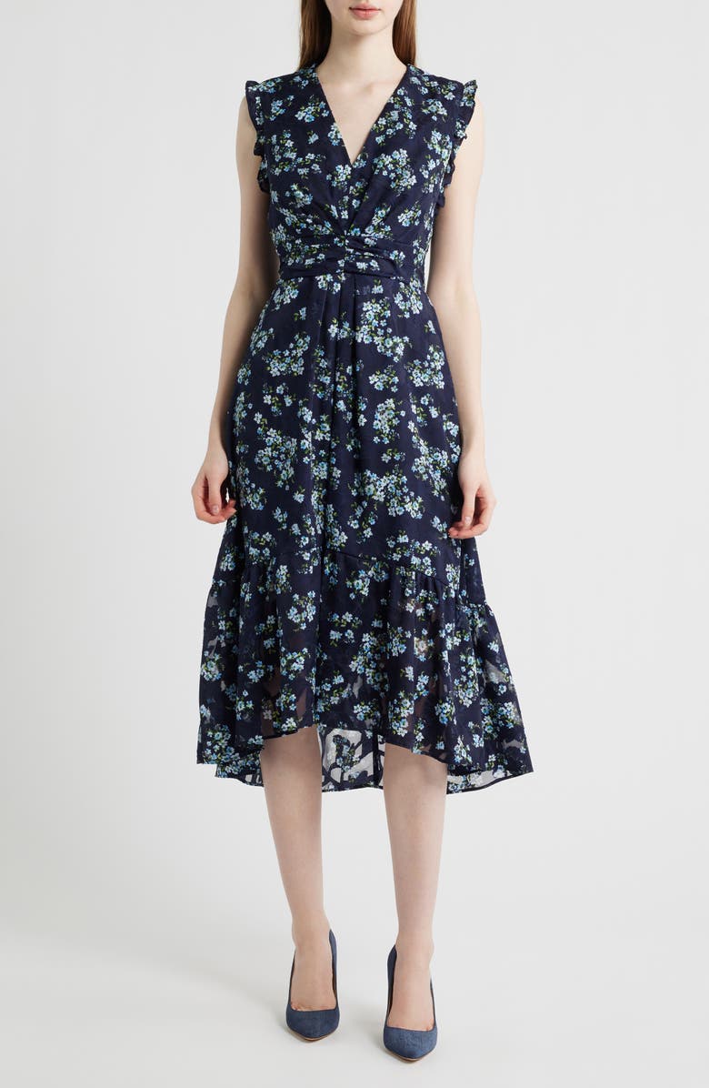 Anne Klein Floral High-Low Midi Dress, Main, color, Deep Navy Multi