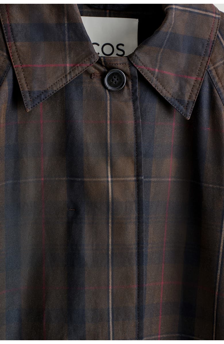 COS Checked Waxed-Cotton Car Coat, Alternate, color, Khaki / Checked
