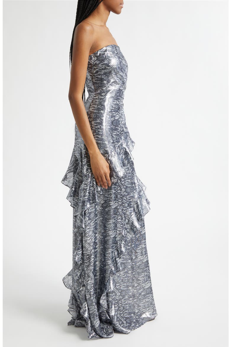 Dominika Metallic Abstract Print Strapless Silk Blend Gwon, Alternate, color, NAVY LUREX