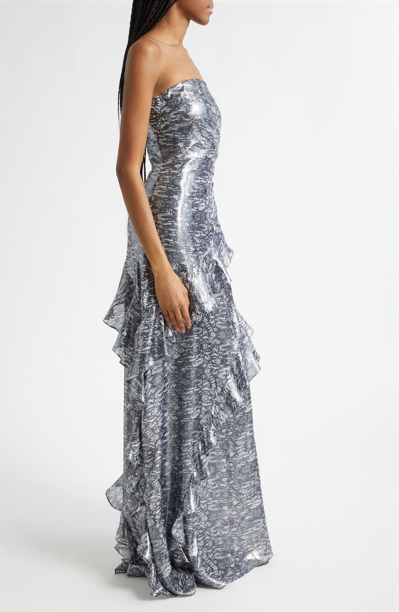 Ramy Brook Dominika Metallic Abstract Print Strapless Silk Blend Gwon, Alternate, color, Navy Lurex