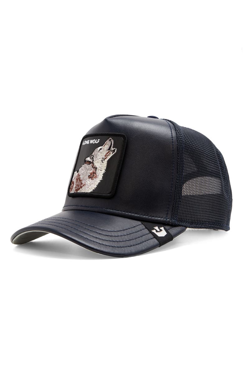 Goorin Bros. Wolf Patch Leather & Mesh Snapback Trucker Hat, Main, color,