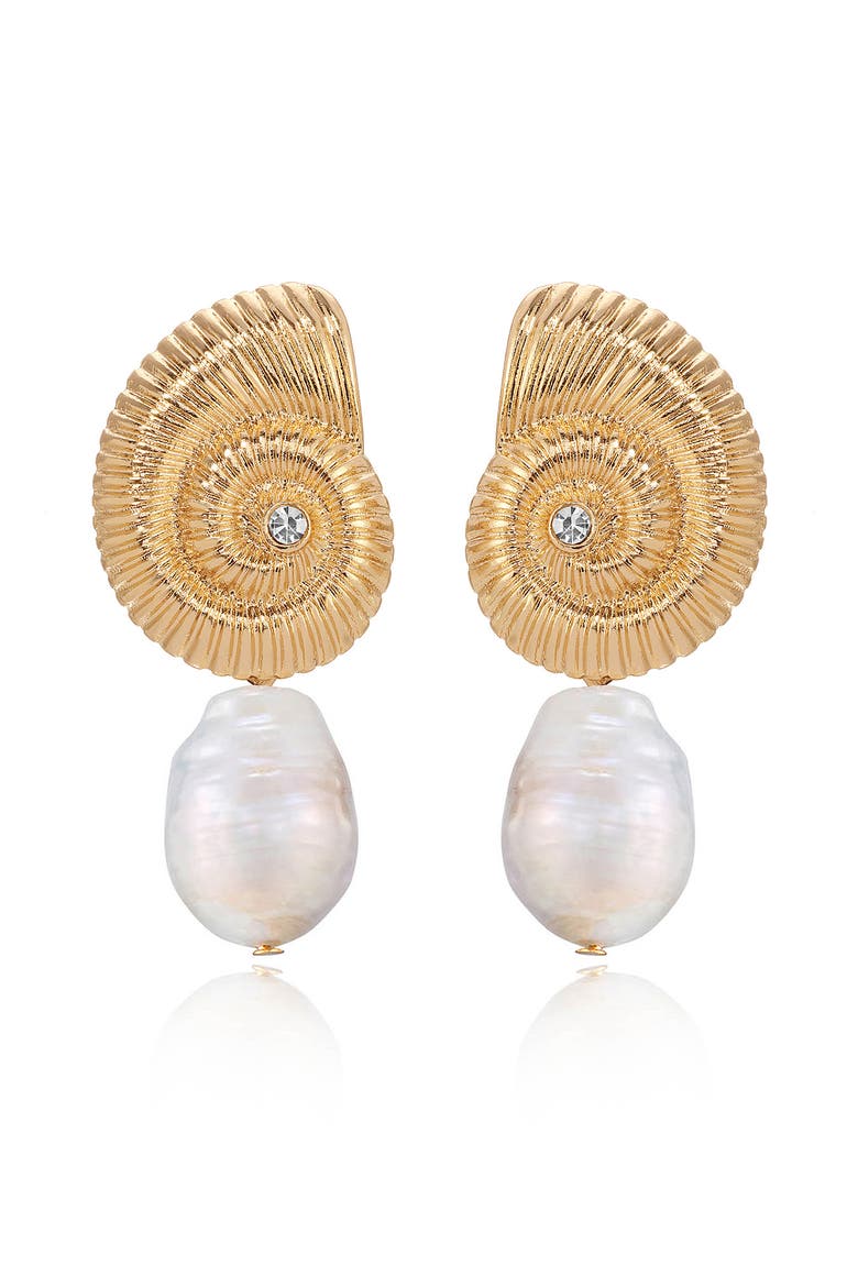 Swirl Shell Freshwater Pearl Drop Earrings, Main, color, GOLD