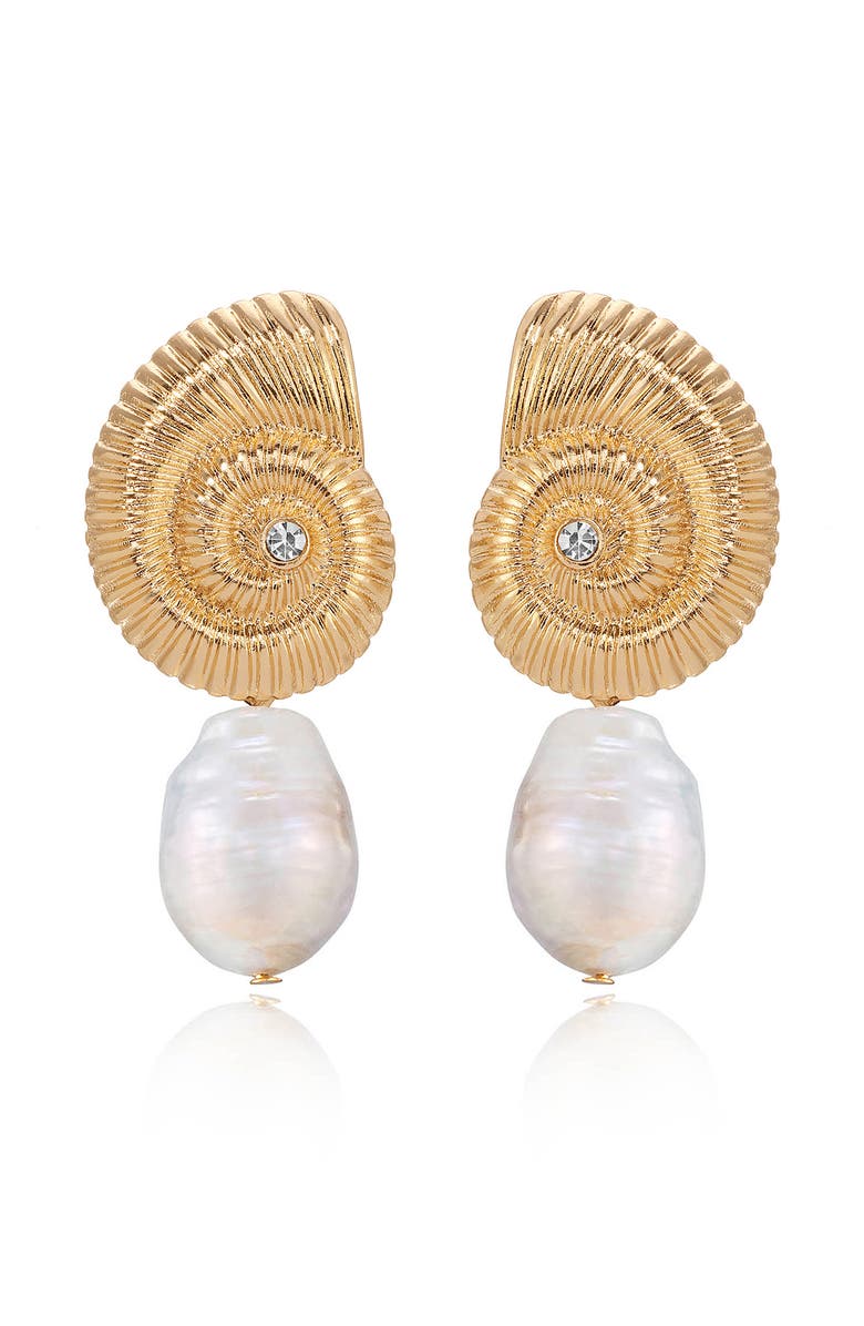 Ettika Swirl Shell Freshwater Pearl Drop Earrings, Main, color, Gold