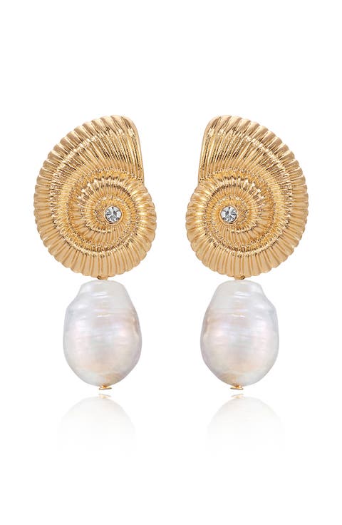 Swirl Shell Freshwater Pearl Drop Earrings