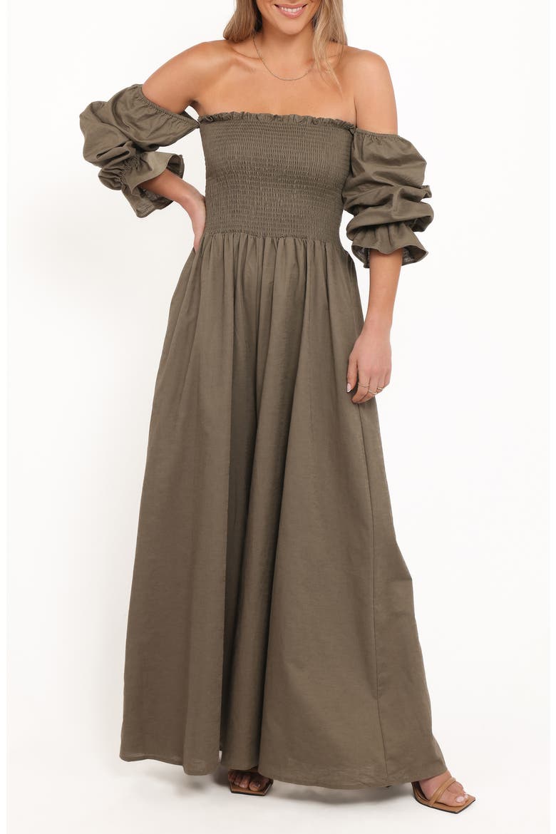 Domenica Smocked Off the Shoulder Cotton & Linen Jumpsuit, Main, color, OLIVE