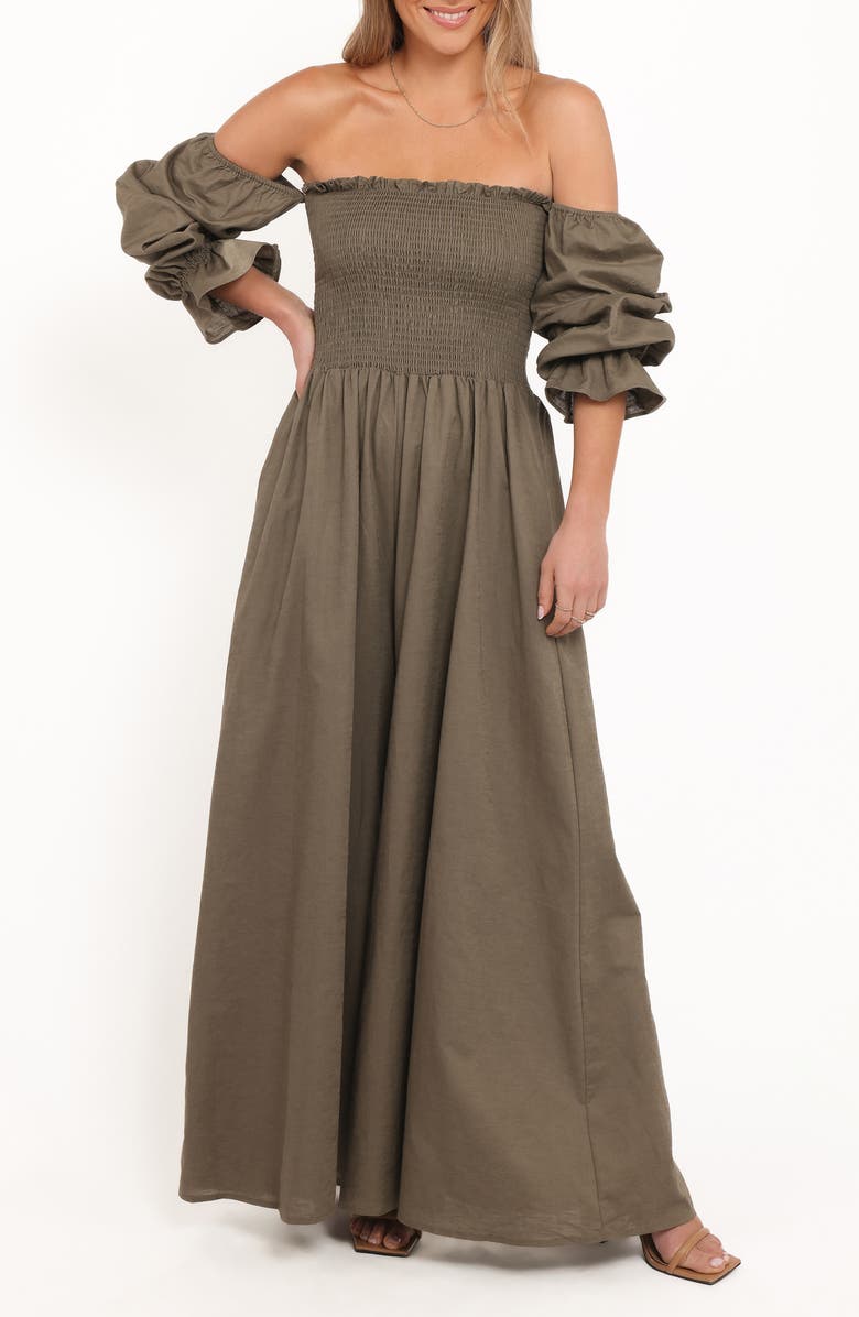 Petal & Pup Domenica Smocked Off the Shoulder Cotton & Linen Jumpsuit, Main, color, Olive