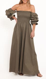 Petal & Pup Domenica Smocked Off the Shoulder Cotton & Linen Jumpsuit