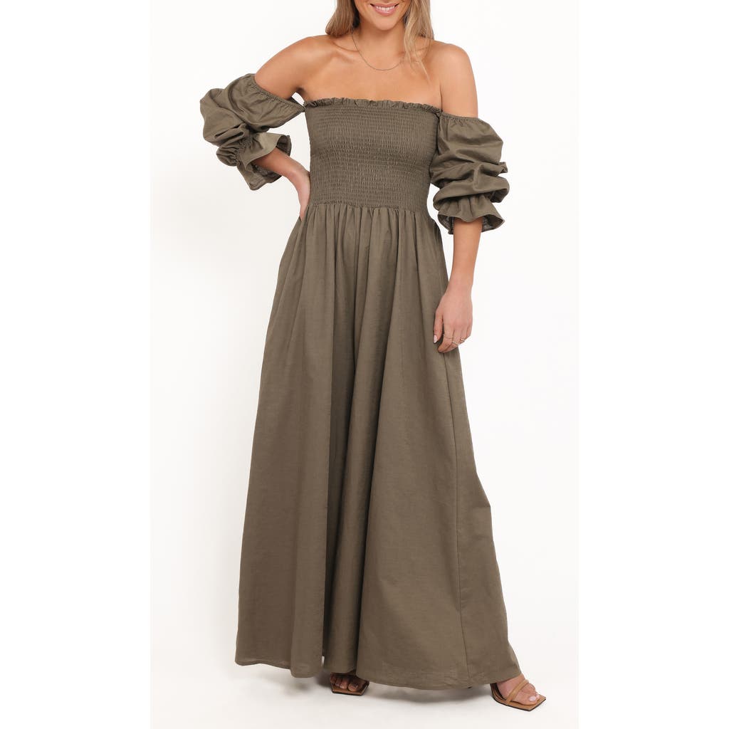 Petal And Pup Petal & Pup Domenica Smocked Off The Shoulder Cotton & Linen Jumpsuit In Green