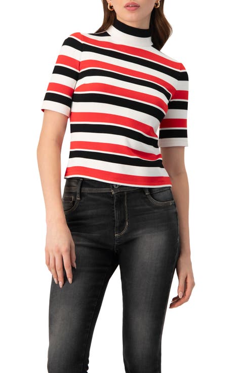 Striped Mock-Neck Knit Top