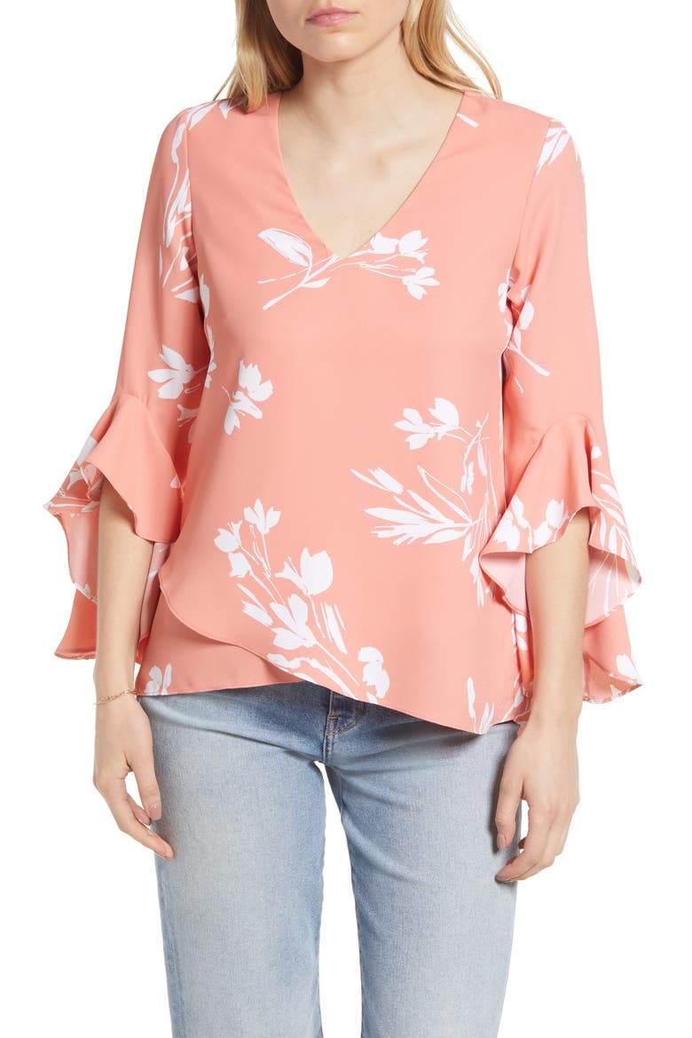 Floral Print Trumpet Sleeve Top, Main, color, CORAL