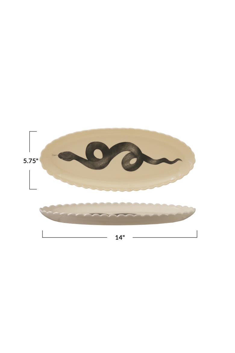 Scalloped Stoneware Platter with Hand-Painted Snake, Alternate, color, White and Black