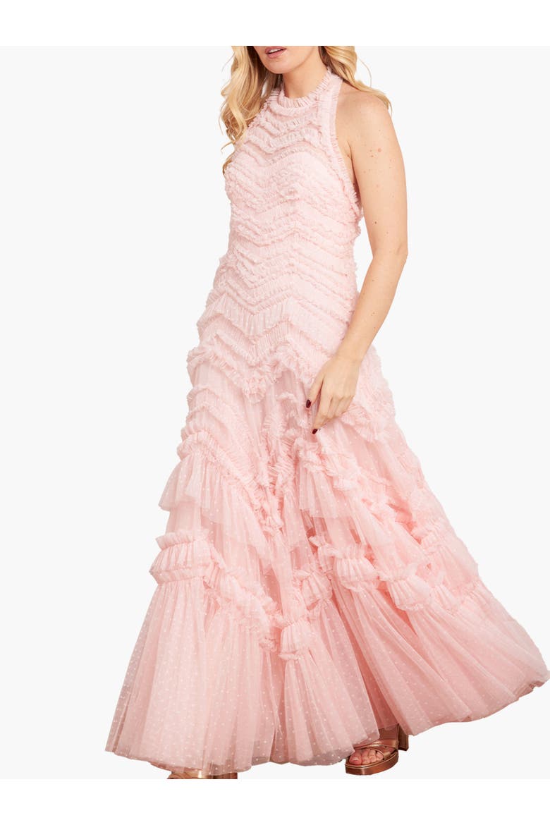 Elia Halter Neck Ruffle Tulle Maxi Gown, Main, color, Seashell
