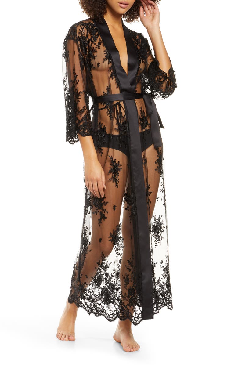 Rya Collection Darling Sheer Lace Robe, Main, color, Black