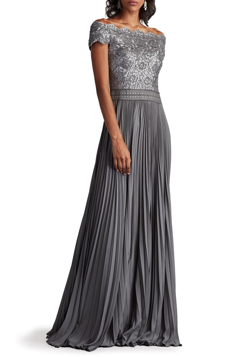 Off the Shoulder Sequin Lace Pleated Gown, Main, color, MIST
